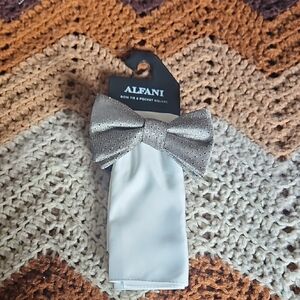 Alfani Metallic Silver (Bronze) Bow Tie and White Pocket Square